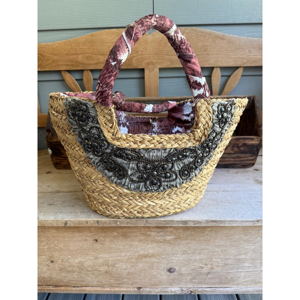 Sun N Sand Straw Tote Bag Beaded Sequin Floral Woven Beach Basket Brown Pink EUC